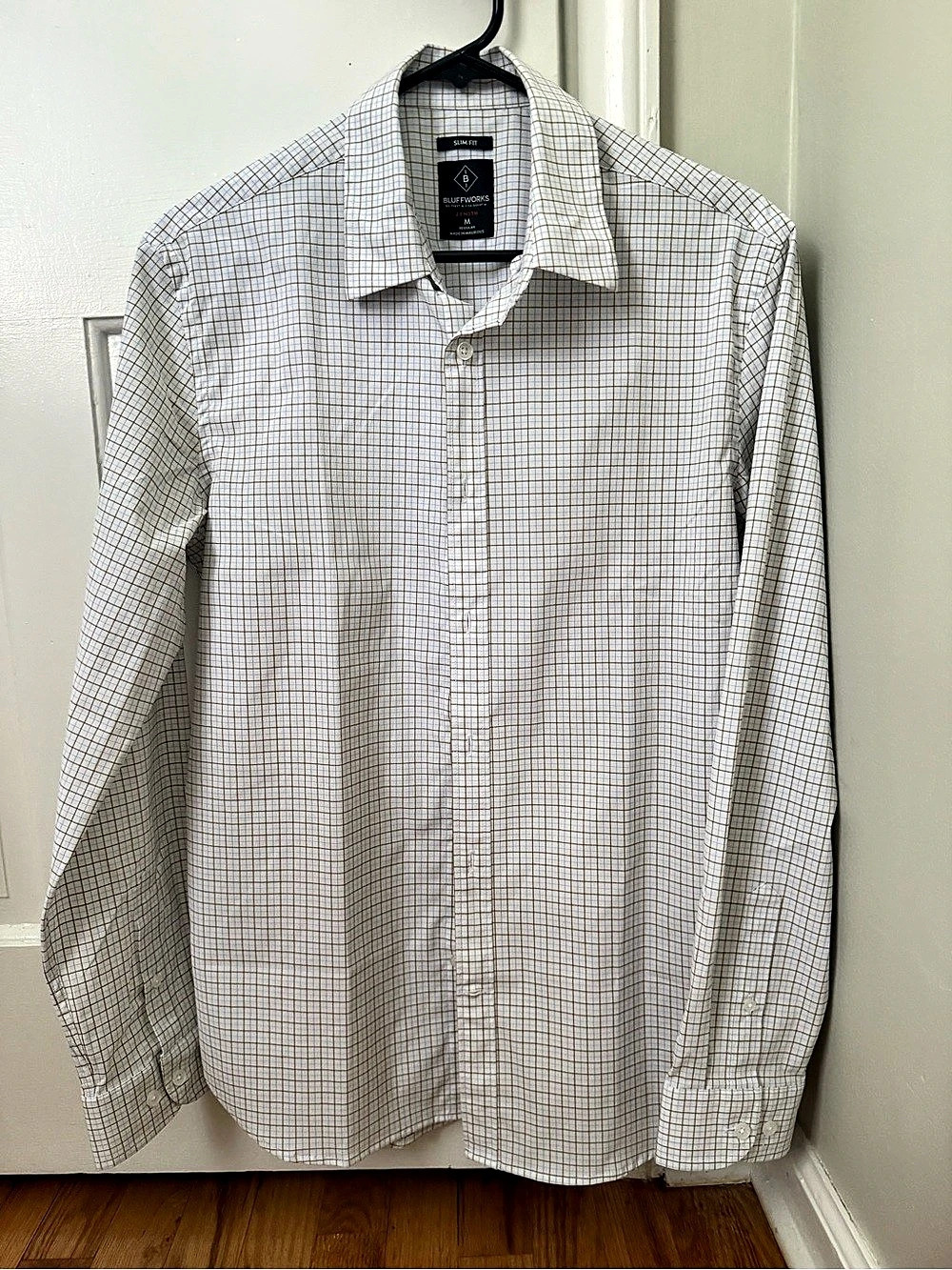 NWT Bluffworks Zenith Plaid Button Down Shirt Desert Tattersall Medium, Slim Fit